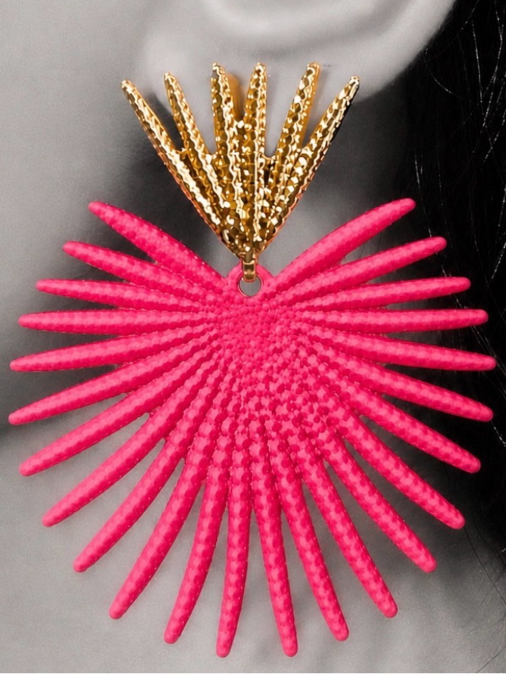 Zara “Radiance” Hot Pink Heart Crown Sunburst Beam Ray Regal Royal Gold Earrings